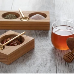 Be Home Teak Double Cellar With Gold Spoon Servingware + Utensils